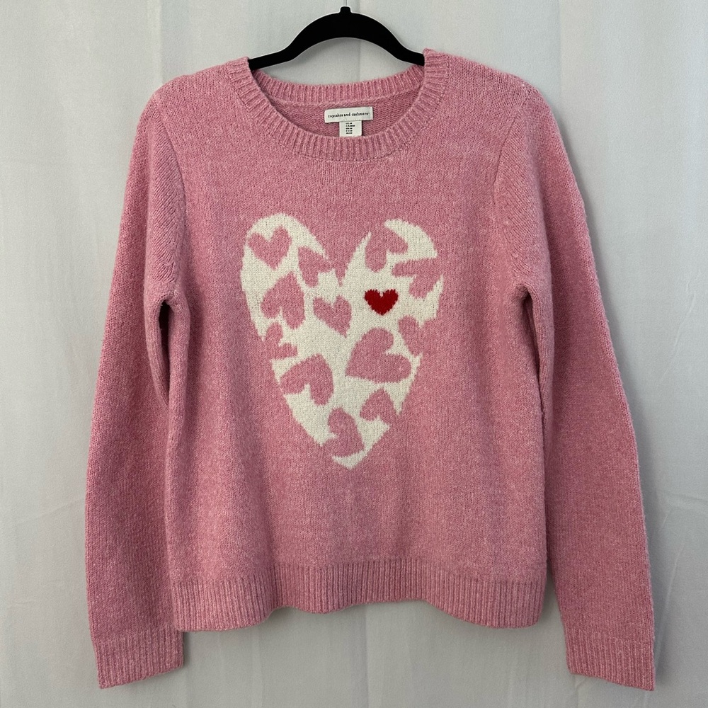 Cupcakes & Cashmere Pink & White Heart Knit Crewneck Sweater Womens Size Medium